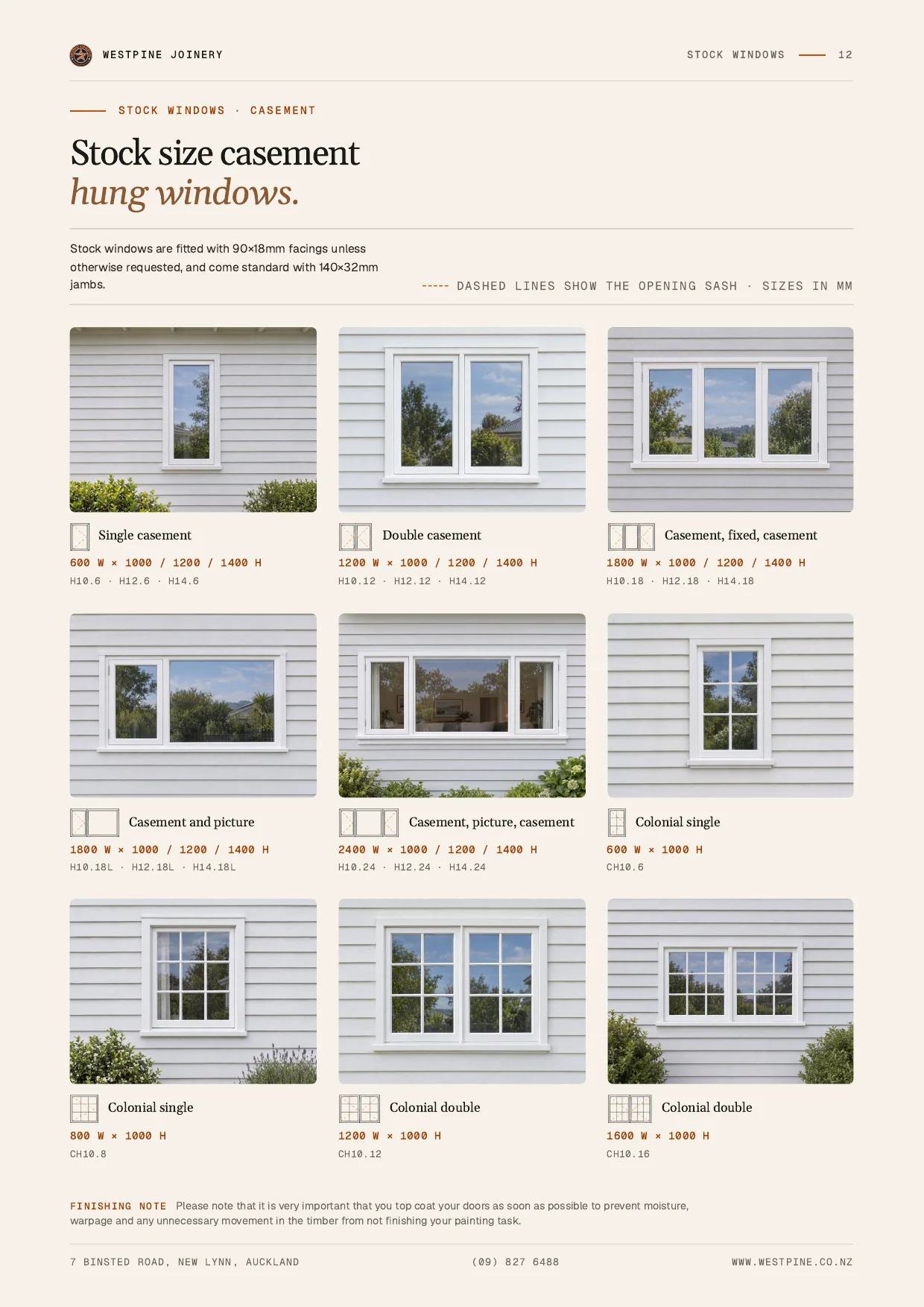 Stock size casement hung windows page from the Westpine catalogue
