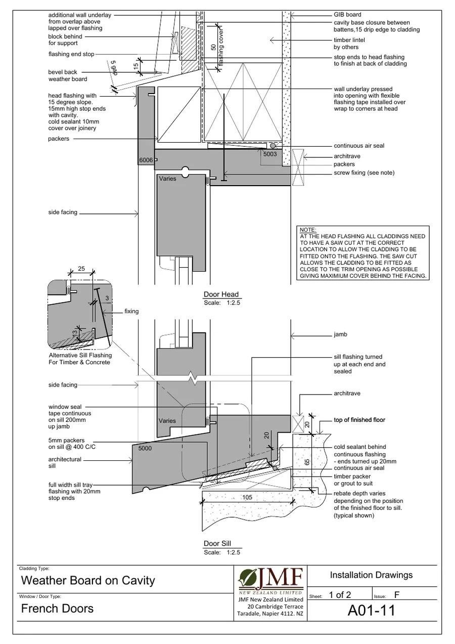 JMF installation drawing A01-11: french doors in weatherboard on cavity, sheet 1