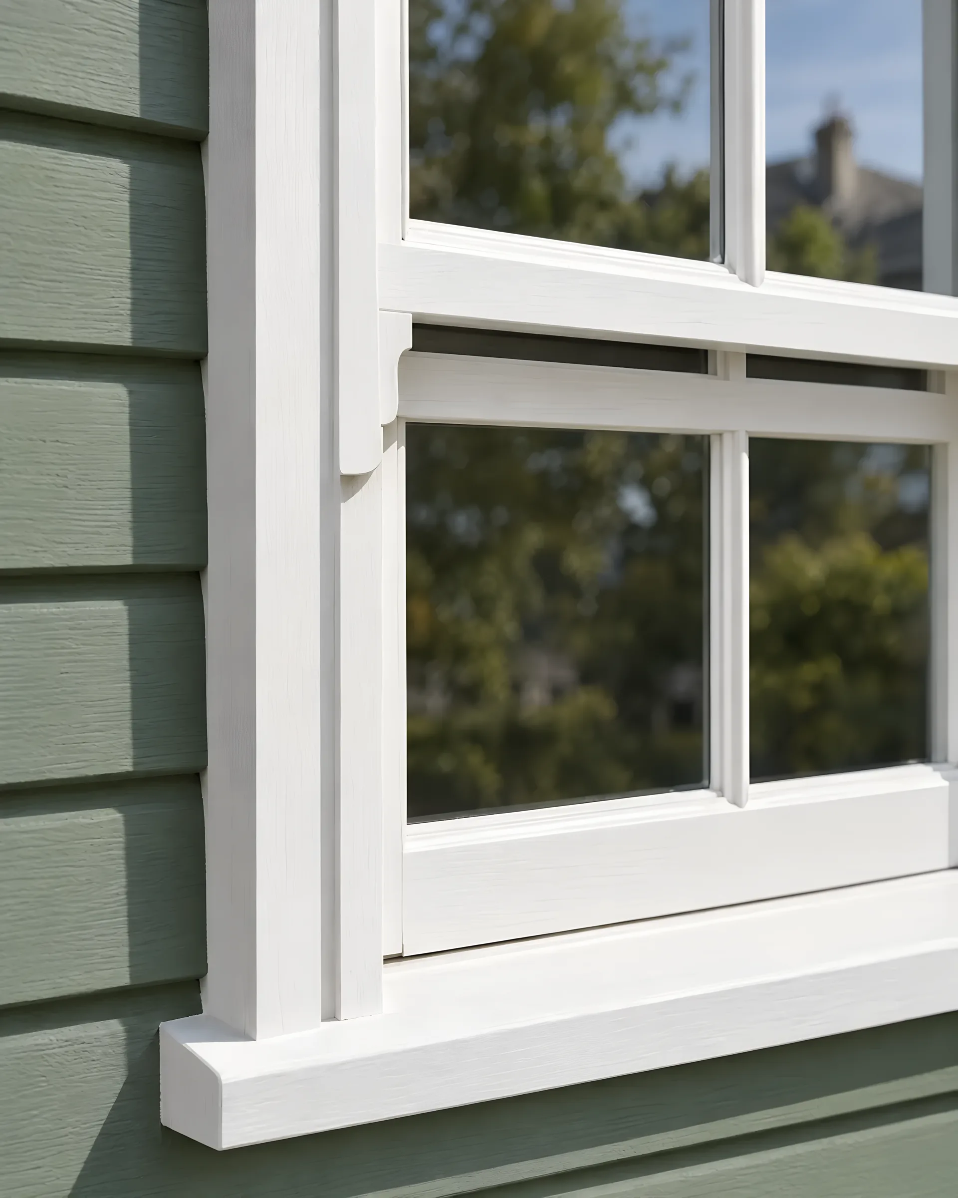 Close-up of a timber double hung sash window showing the sash horn, meeting rail and sill horn