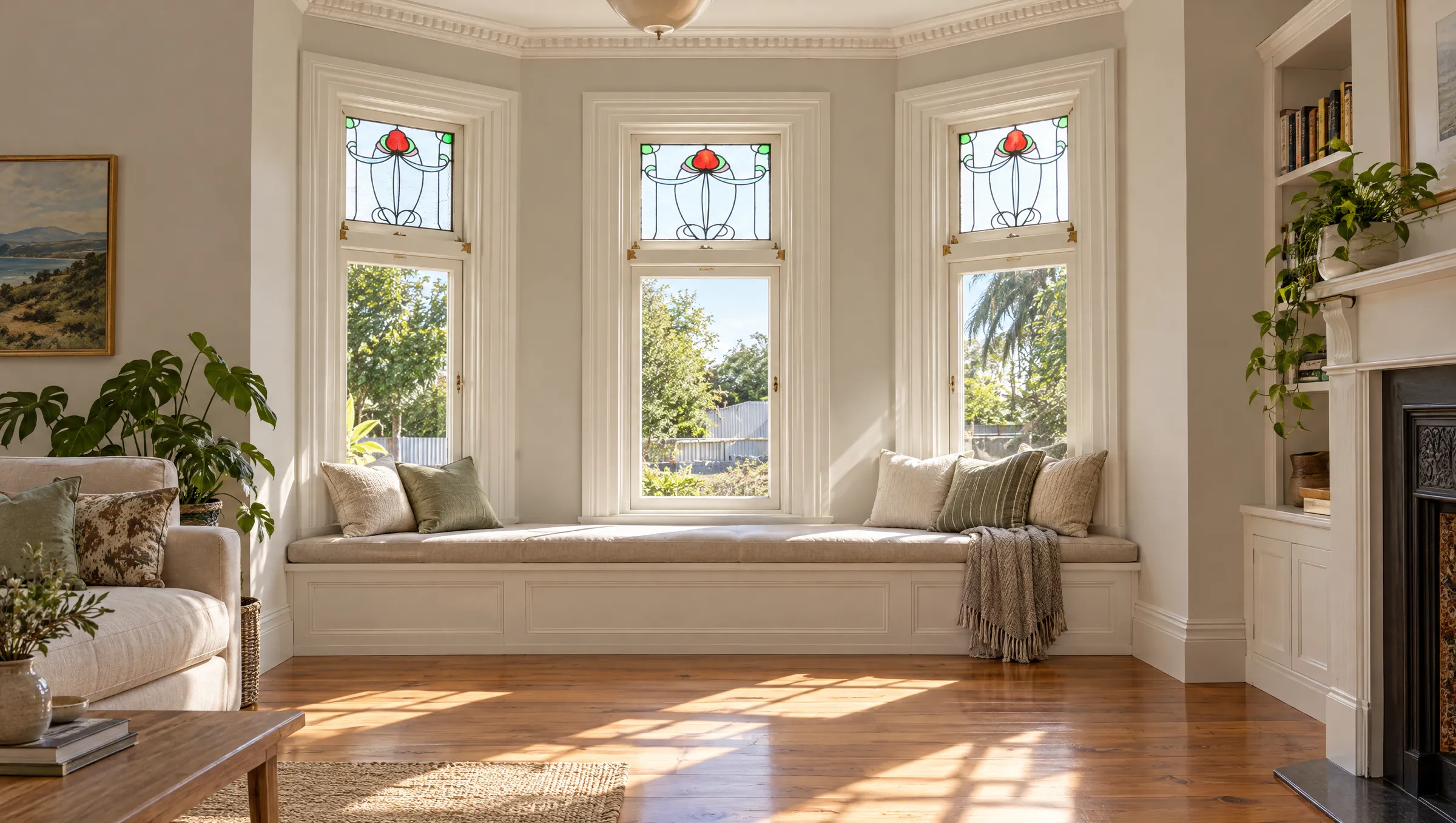 Villa bay with timber double hung sash windows and leadlight top lights