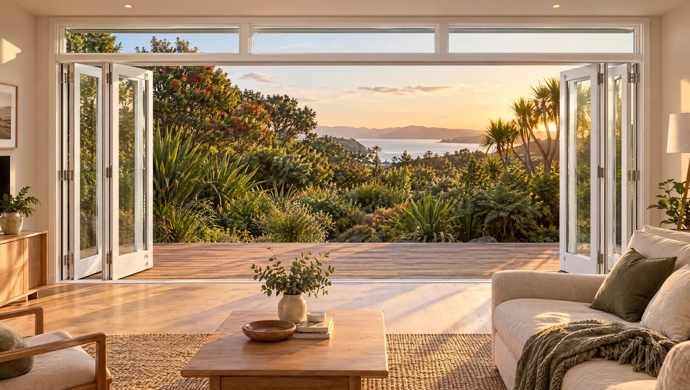 Timber bi-fold doors folded open from a living room onto a deck