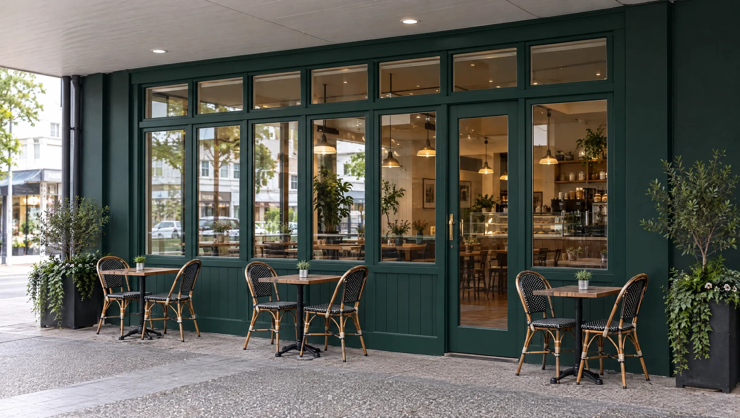 Painted timber shop front with glazed doors on a character street
