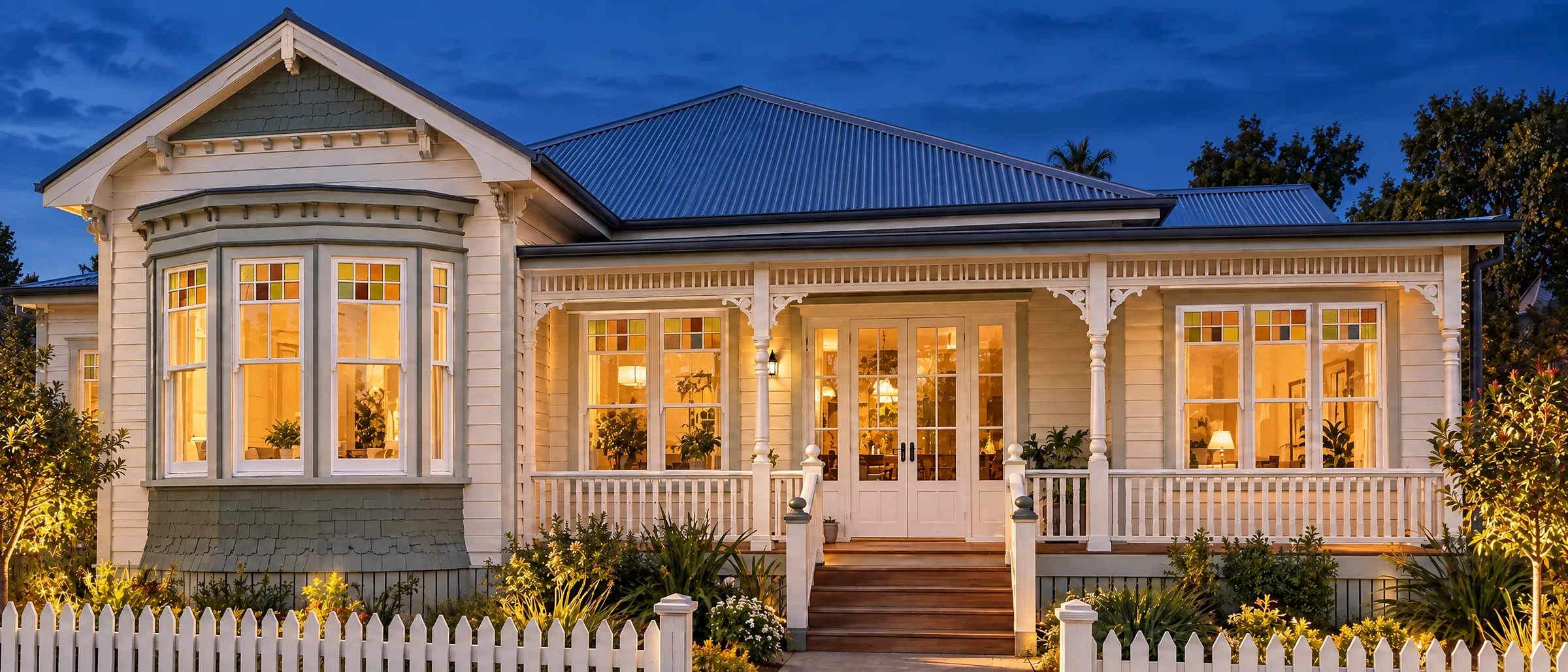 Restored Auckland villa at dusk with warm light through its timber sash windows