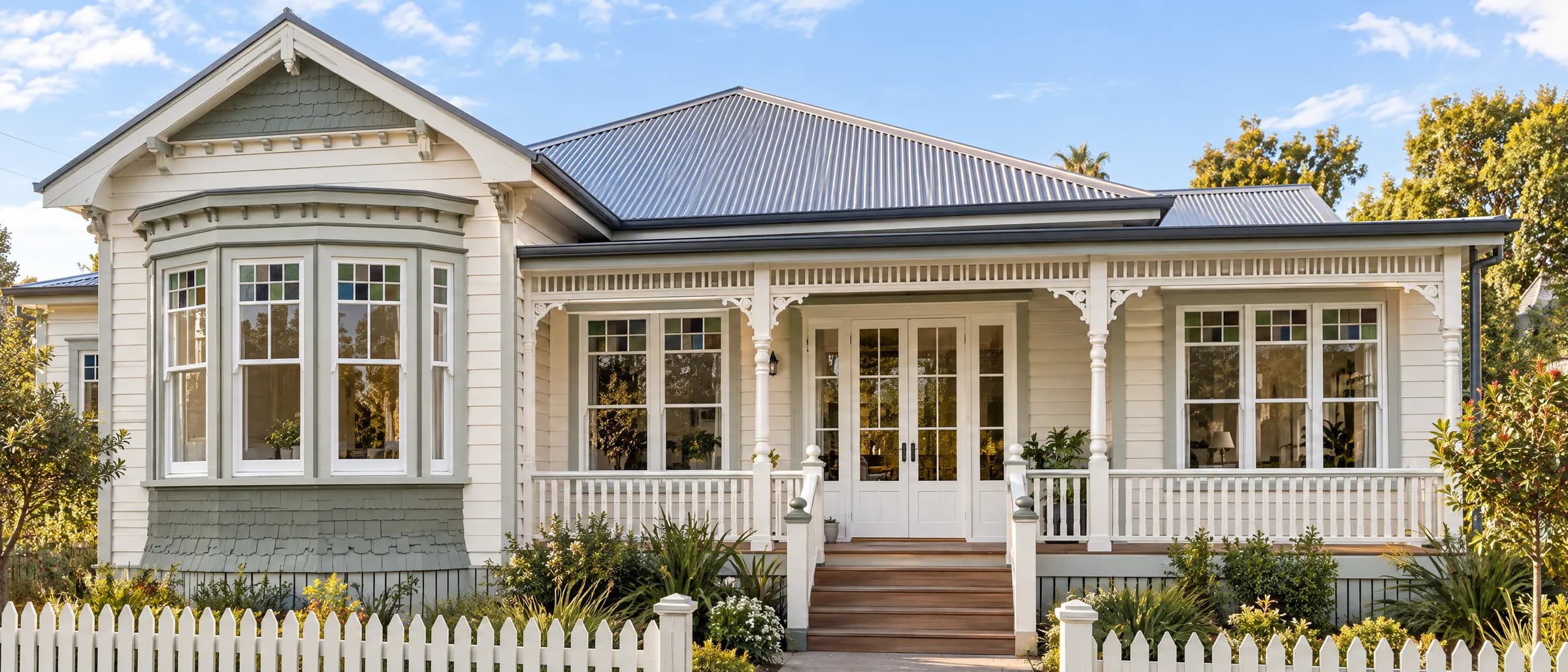 Restored Auckland villa with timber double hung sash windows in a bay, leadlight top lights and French doors onto the verandah