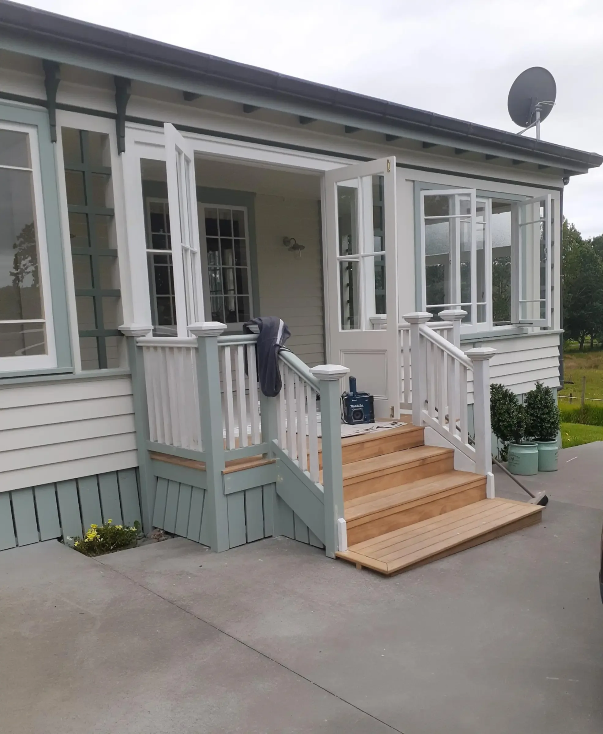 Exterior painted, with the new stairs